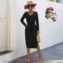 Chic V-Neck Midi Dress with Adjustable Waist Tie