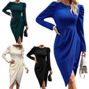 Chic Draped Dress with Puff Sleeves