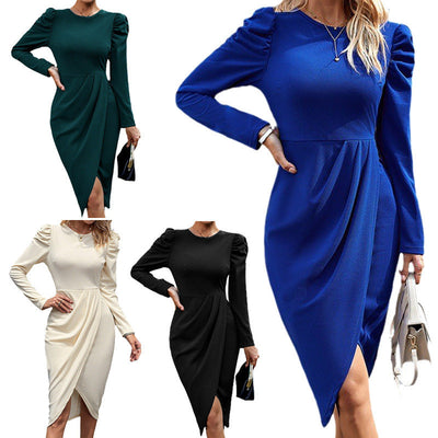 Chic Draped Dress with Puff Sleeves