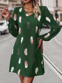 Chic Feather Print Women's Dress with V-Neck Design
