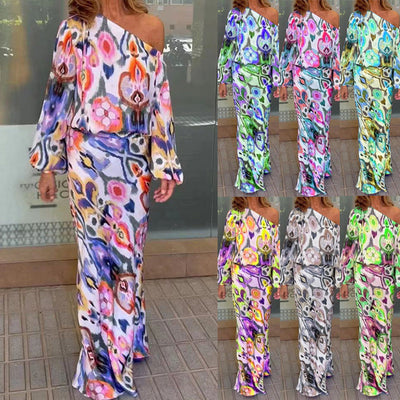 Stylish Off-Shoulder Tie-Dye Maxi Dress with Voluminous Sleeves