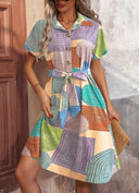 Chic Geometric Print Women's Dress with Tie Belt