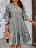 Women's V-Neck Striped Dress with Ruffle Sleeves