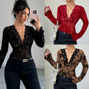 Women's Lace Top with Deep V-Neck & Ruffle Accents