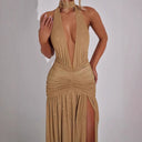 Chic Evening Gown with Deep V-Neck and Ruffle Accents