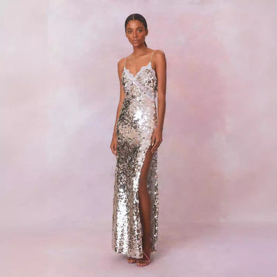 Sequin-Trimmed Dress with Chic Slit for Women