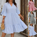 Women's V-Neck Striped Dress with Ruffle Sleeves