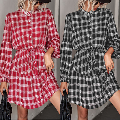 Women's Checkered Shirt Dress with Adjustable Waist