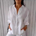 Pure Linen Women's Blouse with Button Placket and Wide Sleeves