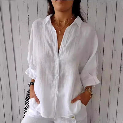 Pure Linen Women's Blouse with Button Placket and Wide Sleeves