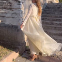 Ladies Maxi Dress with Lace Sleeves and Waist Belt