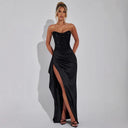 Chic Evening Dress with Glittering Bodice and High Slit