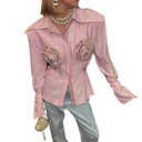 Chic Women's Blouse with 3D Rose Appliqués and Glitter Accents