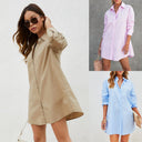 Chic Women's Button-Up Shirt Dress with Stylish Sleeve Accents
