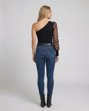 Chic Asymmetrical Bodysuit with Sheer Puff Sleeves