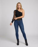 Chic Asymmetrical Bodysuit with Sheer Puff Sleeves
