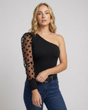 Chic Asymmetrical Bodysuit with Sheer Puff Sleeves