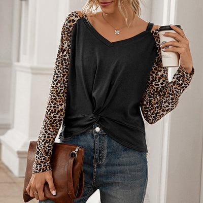 Leopard Sleeve Women's Fashion T-Shirt with Knot