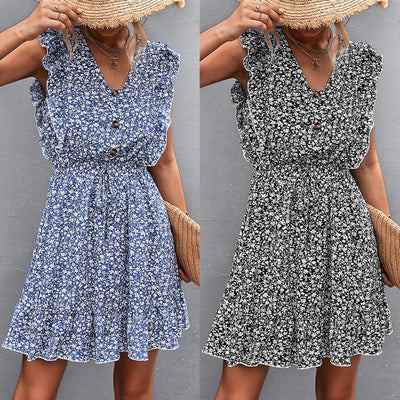 Ruffled Women's Dress with Adjustable Waist Drawstring