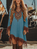 Artistic Embroidered Women's Festival Dress with Fringe