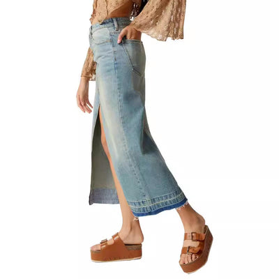 Trendy Long Denim Skirt with Chic Split Design