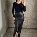 Chic High-Waisted Faux Leather Skirt with Button Accents and Slit