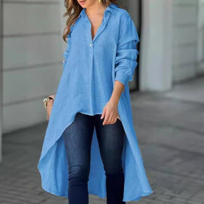 Chic Women's Long Sleeve Blouse with Asymmetrical Design and Button Accents