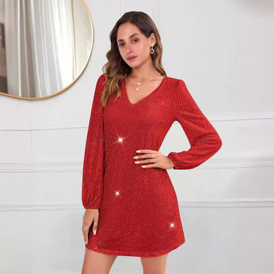 Stylish V-Neck Long Sleeve Cocktail Dress for Women