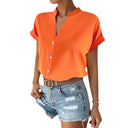 Stylish Short Sleeve Blouse with Stand-Up Collar and Button Accents