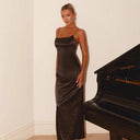 Chic Satin Maxi Dress with Off-Shoulder Straps and Side Slit