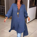 Elegant Women's Linen Blouse with Button Placket and Roll-Up Sleeves