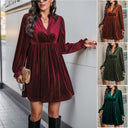 Chic Velvet Dress with V-Neck & Puff Sleeves