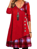 Asymmetrical Women's Dress with Checked Hem & Button Detail