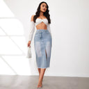 Stylish High Slit Denim Midi Skirt with Frayed Hem