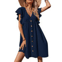 Chic Women's Summer Dress with Ruffle Accents and Button Closure