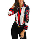 Floral Print Long Sleeve Blouse with Chain Design for Women