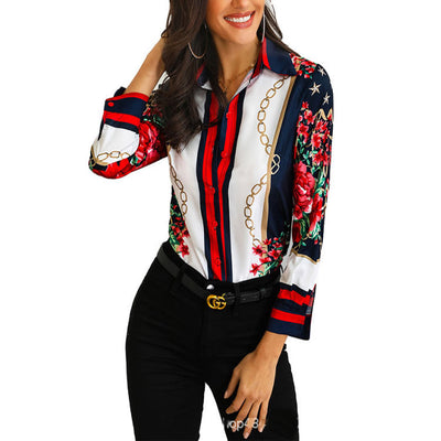 Floral Print Long Sleeve Blouse with Chain Design for Women
