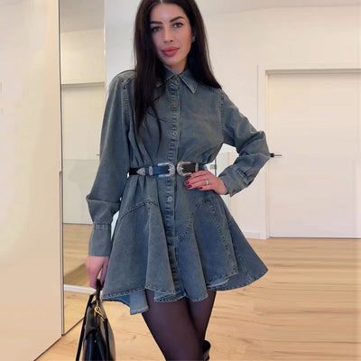 Chic Denim Button Dress with Stylish Belt
