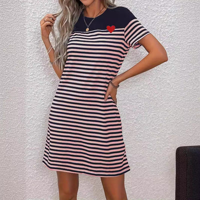 Striped Short Sleeve Dress with Heart Appliqué for Women