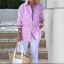 Striped Women's Long Sleeve Blouse with Hidden Button Detail
