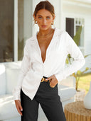 Chic Satin V-Neck Shirt with Long Sleeves