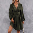 Chic Knee-Length Wrap Dress with Stylish Puff Sleeves