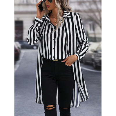 Stylish Women's Long Sleeve Striped Blouse with Asymmetrical Design