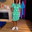 Graphic Print Short Sleeve Shirt Dress with Side Pockets