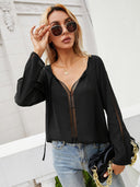 Lace Detail Women's Blouse with Deep V-Neck