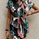Floral Tie-Belt Short Sleeve Dress for Women
