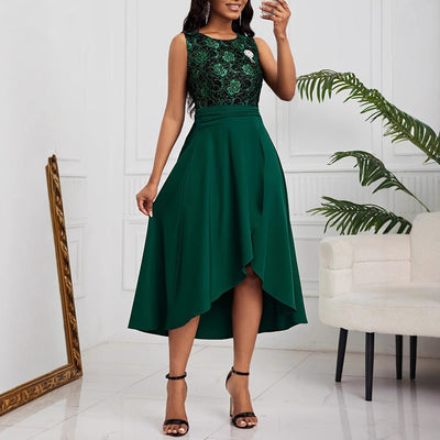 Chic Asymmetrical Hem Midi Dress with Floral Design