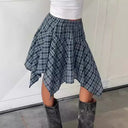 Women's Asymmetrical Checkered Skirt with Stretch Waistband