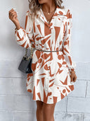 Graphic Pattern Women's Shirt Dress with Adjustable Belt
