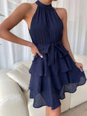 Chic Women's High-Neck Ruffle Dress with Belt